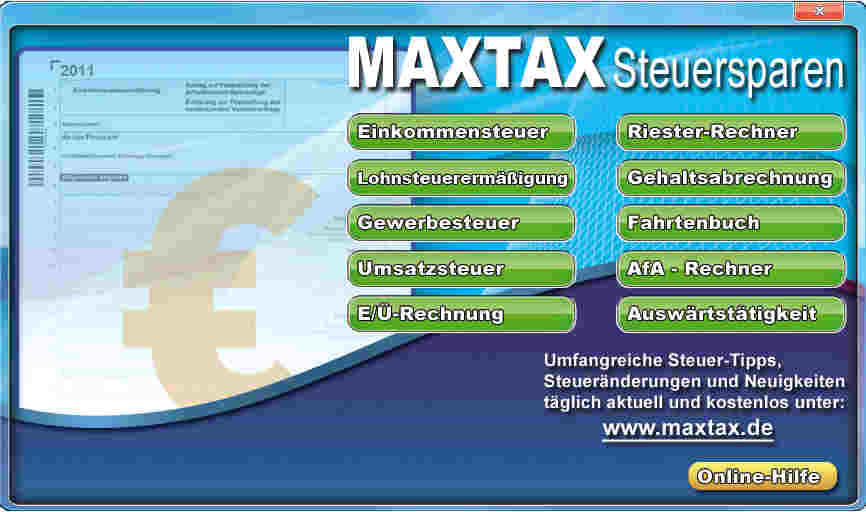 Aufgeraeumte Oberflaeche  MAXTAX Startbildschirm